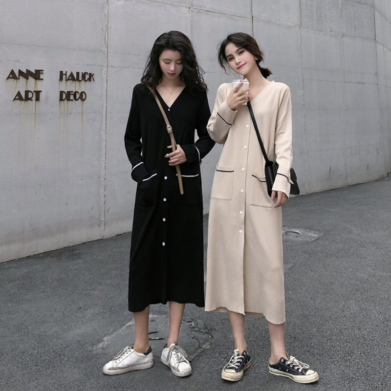 

2 colors Women Spring Sexy V Neck Long Shirt Dress Vintage Single Breasted Loose pocket Knitted Sweater Dresses womens (xh4294), White;black