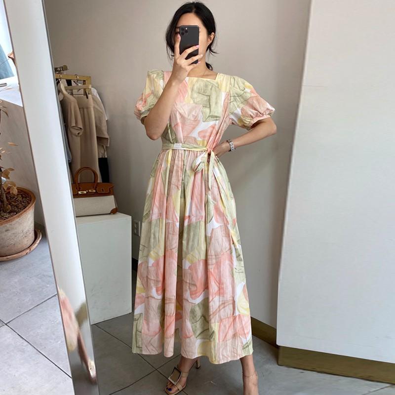 

Casual Dresses Chic Korean Vintage Loose Bandage Waist Square Collar Puff Sleeve Dyed Dress Women Floral Print Fashion Vestido Feminino, Black;gray