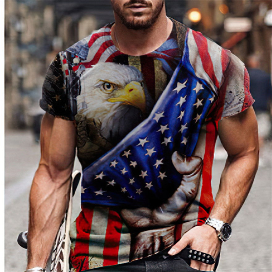 

summer handsome american flag printed t-shirt round neck men's casual street loose comfortable short sve t-shirtpik3, White;black
