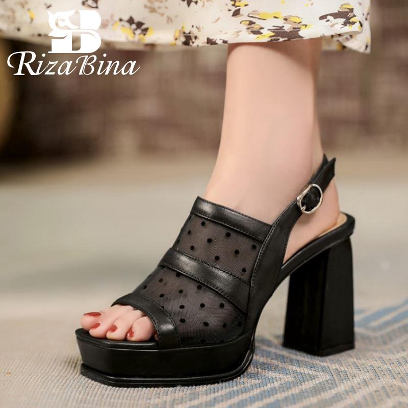 

Sandals RIZABINA 2021 Women Real Leather Shoes Platform Thick High Heels Dot Pattern Buckle Strap Slingback Footwear Size 34-39, Black