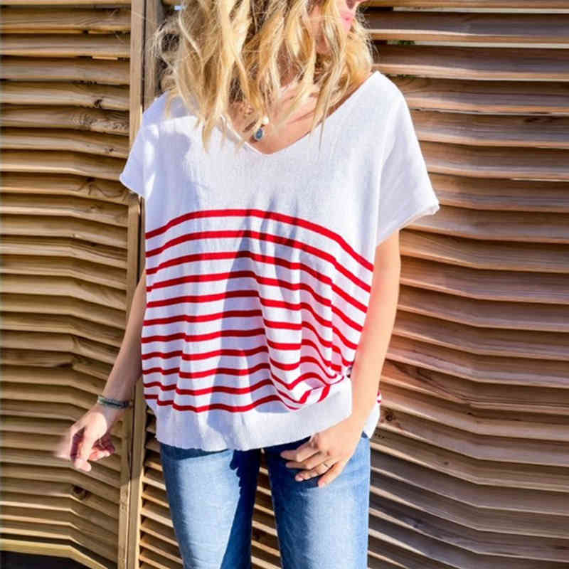

Striped V-neck Thin Knit Women T-shirt Short Sleeve Large Size 2XL Loose Casual Ladies Knitted Tshirts Summer Female Tops 210518, Black striped