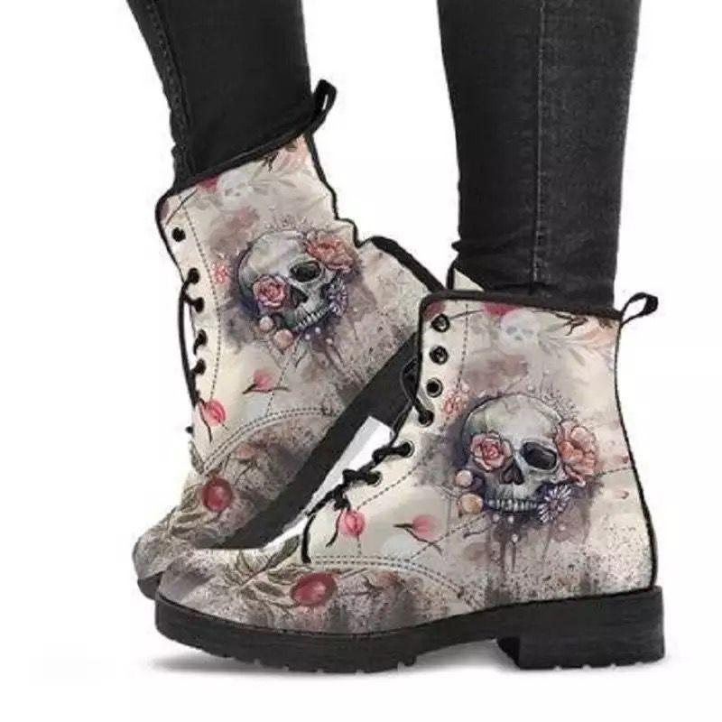 

Boots Autumn Winter Women Motorcycle Skull Pansy Low Heels Ankle Botas Mujer Platform Punk Ladies Shoes Chaussure Femme, Green