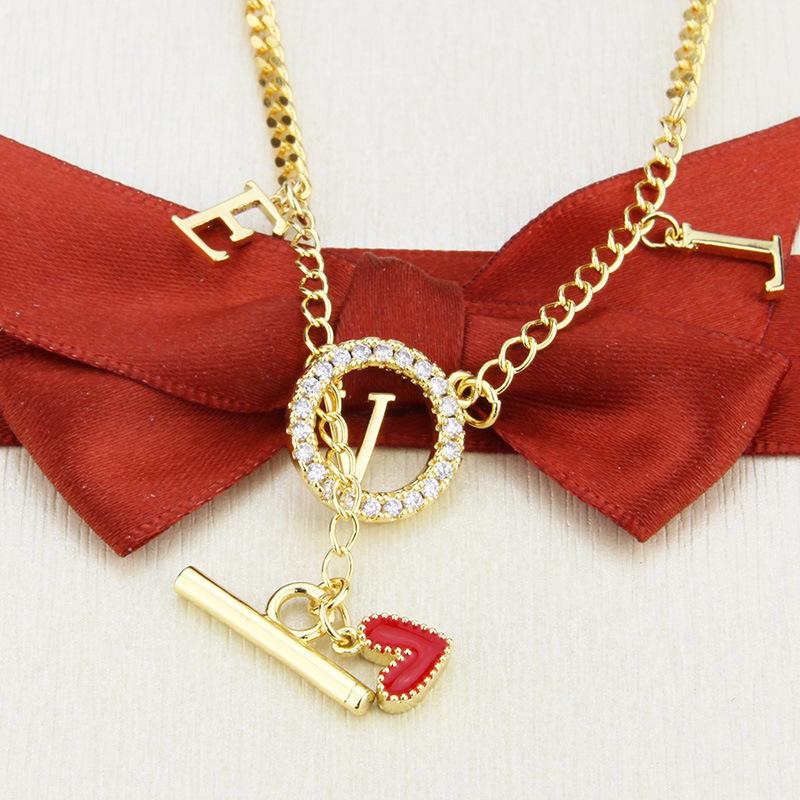 

Red Color Heart LOVE Tag Pendant Necklace Copper Zircon Stone Round Circle Clasp Buckle Chain Gothic Jewelry Gift Chains, Silver