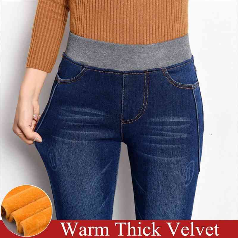 

Plus Velvet Jeans Women Casual Pants High Waist Jeans Elastic Waist Pencil Pants Fashion Denim Trousers Winter Warm Plus Size, Blue