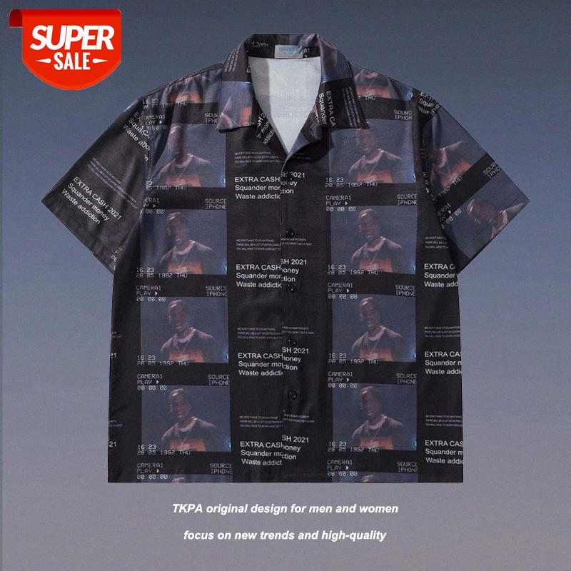 

TKPA American Retro Portrait Hip Hop Loose Oversize Half Sleeve Shirt Men's Flow Short Top #wr8O, White;black