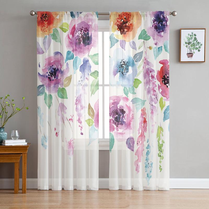 

Curtain & Drapes Watercolor Painting Plant Flower Sheer Curtains For Living Room Voile Tulle Bedroom Kitchen Home Decor Panel