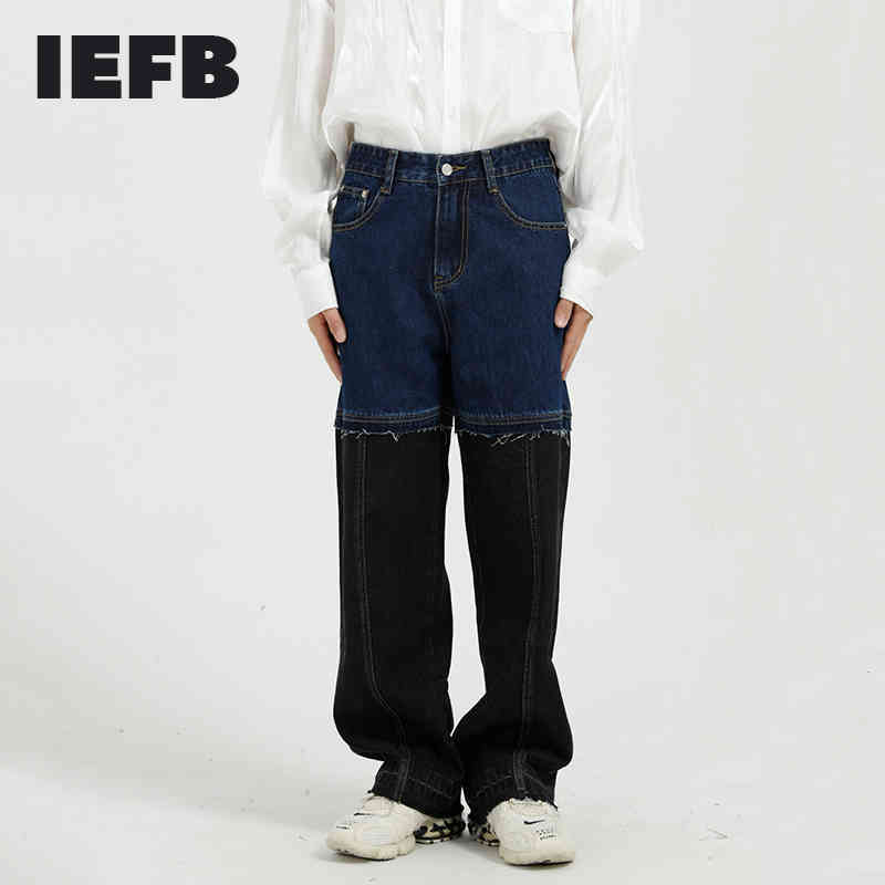 

IEFB Korean Streetwear Fashiopn Men's Color Block Patchwork Denim Trousers Raw Edge Split Jeans Vintage Design 9Y5071 210524, Deep blue