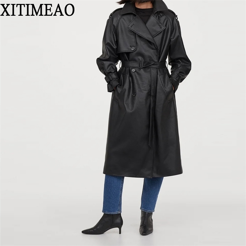 

ZA Women Fashion With Belt Double Breasted Faux Leather Trench Coat Vintage Long Sleeve Female Outerwear Chic Overcoat 210602, Black