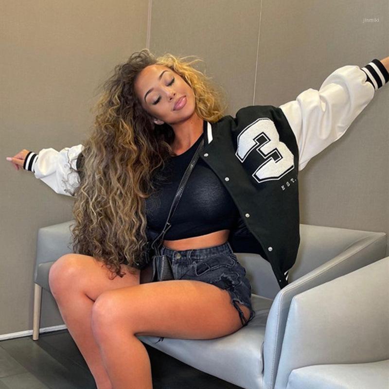 

Women' Jackets Autumn And Winter PU Stitching Contrast Color Loose Drop Shoulder Baseball Jacket Sports Casual, Black