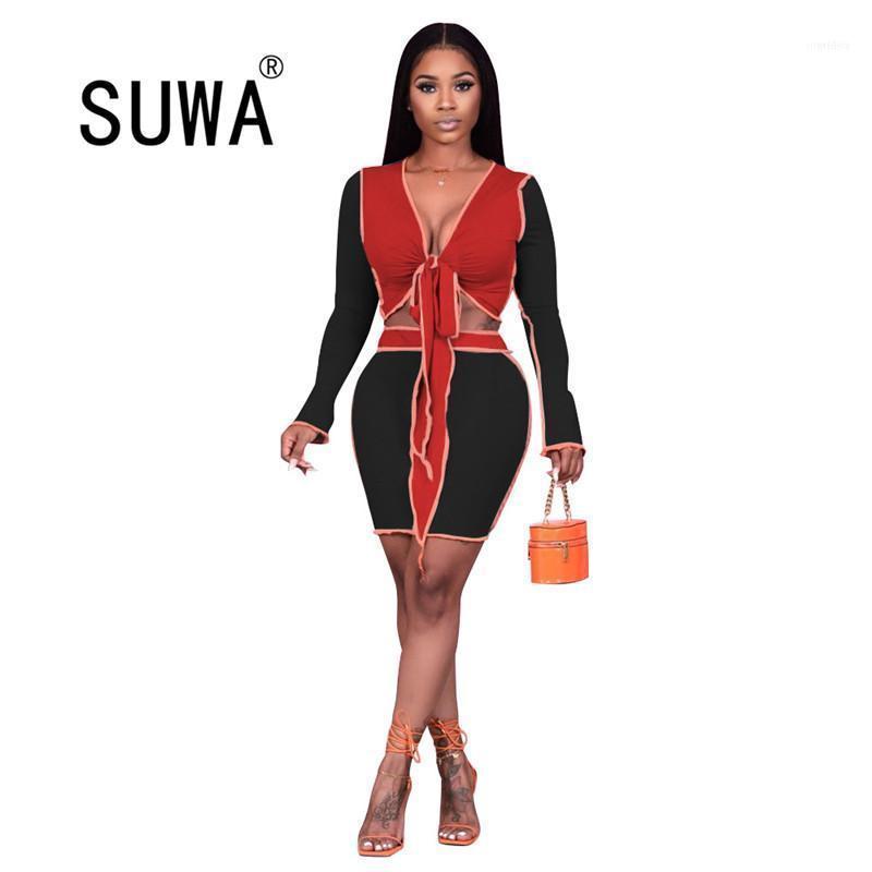 

Women' Tracksuits 2021 Spring Autumn Knitted Two Piece Outfits For Women Matching Sets Long Sleeve Top Tunic Mini Bodycon Dresses Skirts1, Black