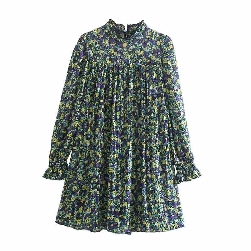 

Women Dress Floral Printed Ruffled High Collar Short dress Long Sleeves elegant Vintage Casual Woman Dresses 210709, As picture