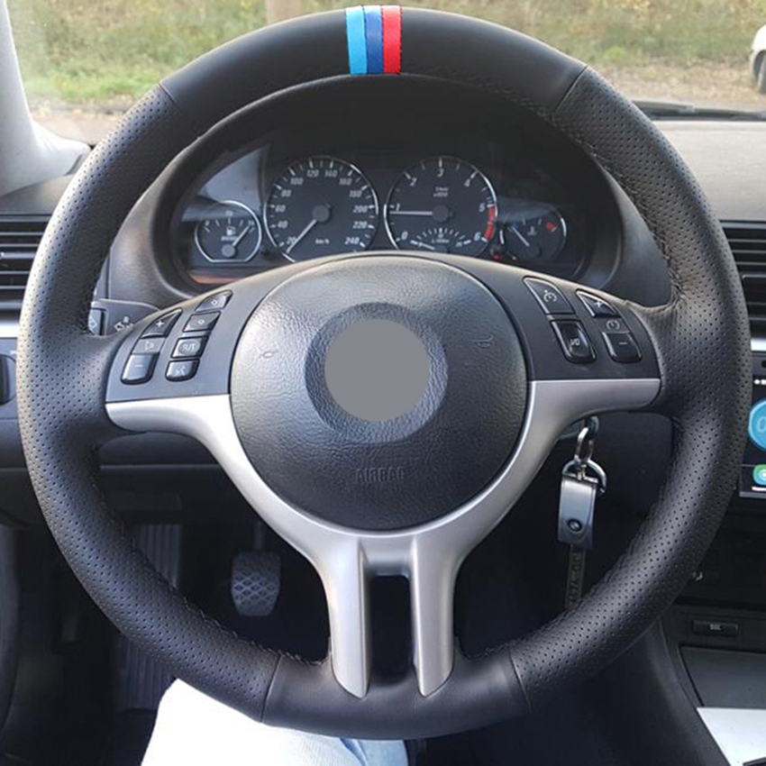 Hand-stitched Black Soft Artificial Leather 3 colors stripes Car Steering Wheel Covers for BMW E39 E46 325i E53 X5 X3-image-747084654