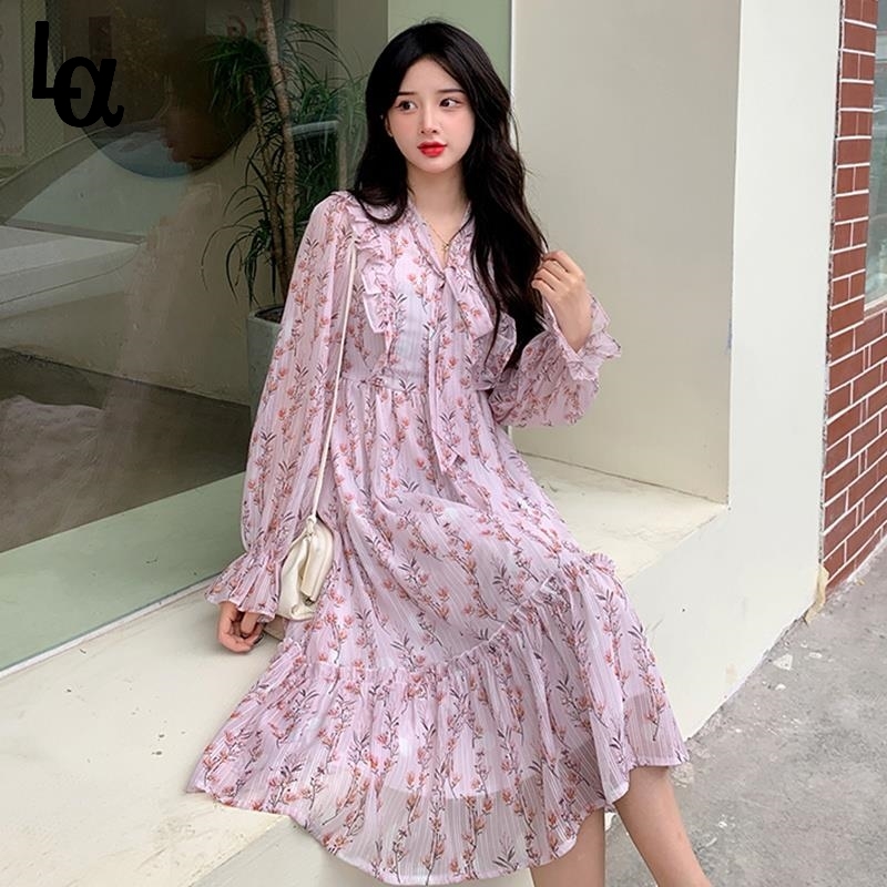 

Summer Chiffon Elegant Floral Dress Women Print Sweet Casual Pretty Party Female Holiday Korean 210519, Apricot