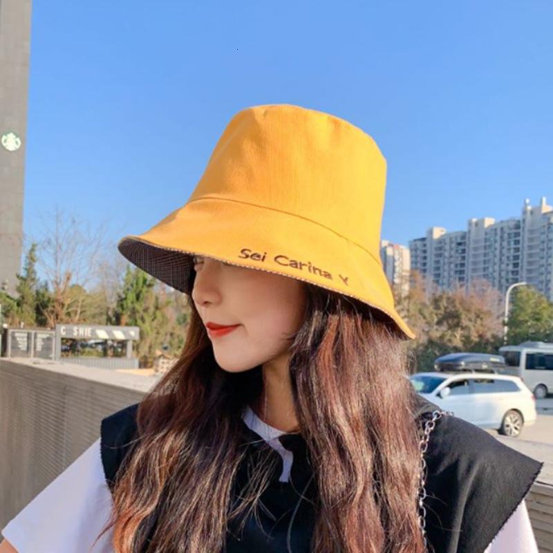 

bucket hat Hat female spring and summer letter fisherman's rough ee sunshade lattice show face small double side wear lovers basin, Beige