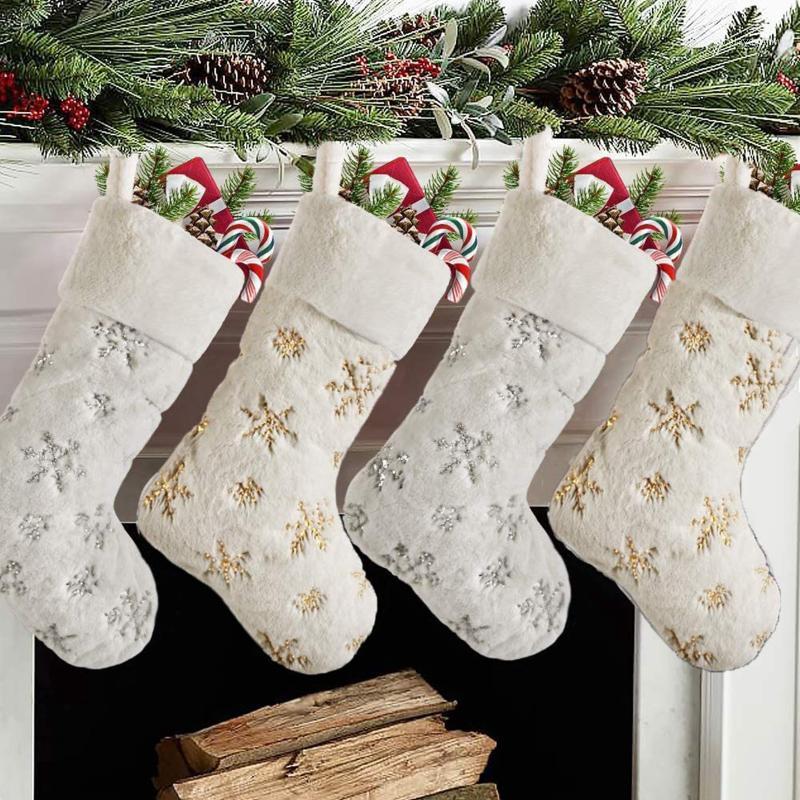 

Christmas Decorations White Plush Stamping Gold Silver Embroidery Snowflake Stocking Merry Decor For Home Xmas Gift Socks Kids#g4