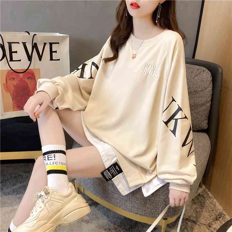 

2021 autumn new Korean fashion loose large size thin letter printing fake two round collar women's sweater, Black