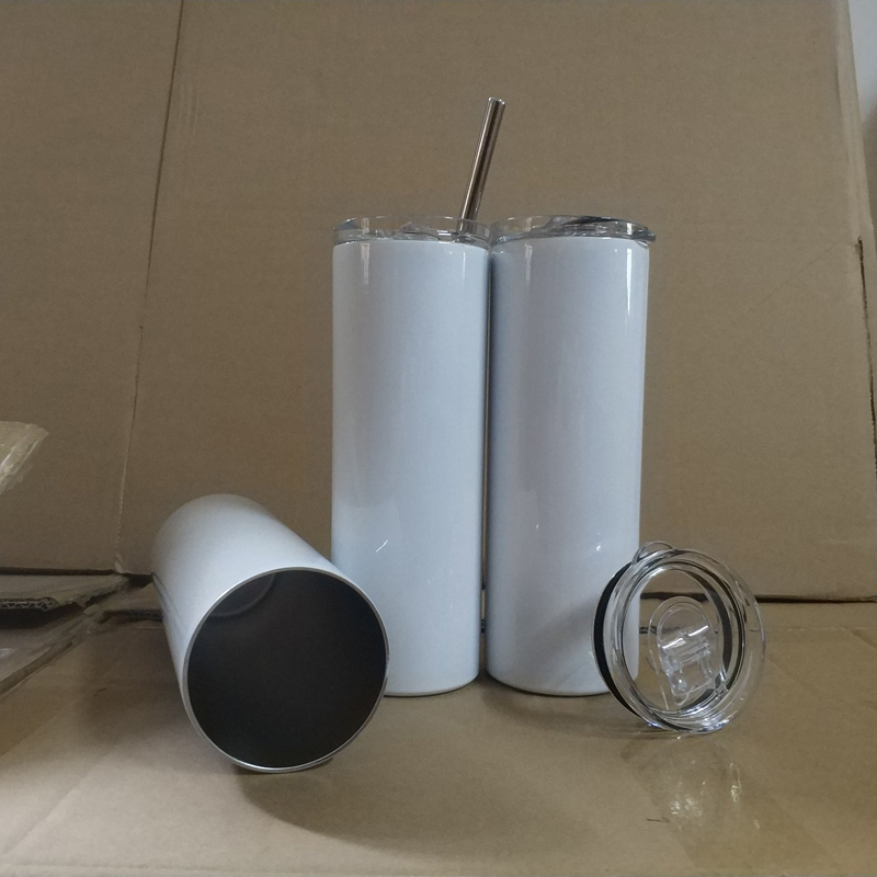 

20 oz Sublimation Blank Stainless Steel Skinny Tumbler Cups Double Wall Vacuum Insulation Straight Mug With straw, White