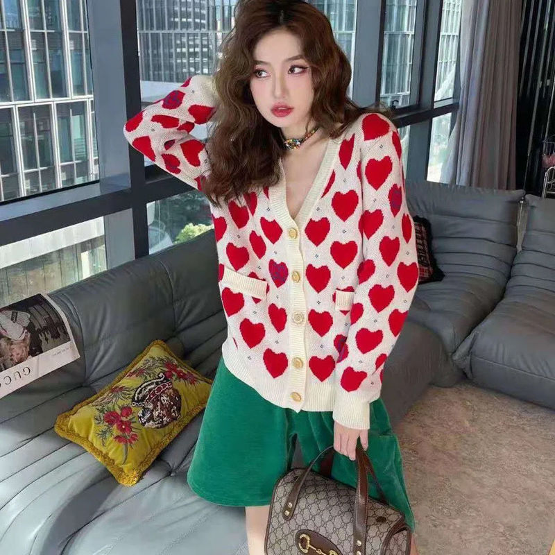 

Cardigan Women Long Sleeve Top Cute Sweaters Red Love Print V Neck Couple Knitted Cardigans Winter Clothes Tops Fashion Jacket, White;black