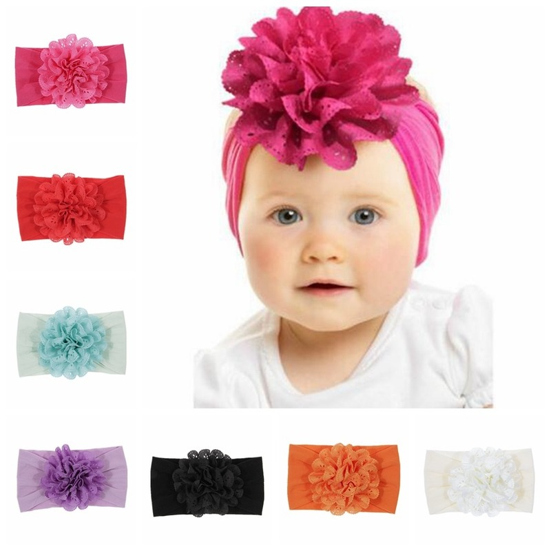 

Soft Stretch Eyelet Fabric Flower Baby Headband Newborn Knot Wide Nylon Headwraps Turban Girls Headwear Kids Photo Props, Slivery;white