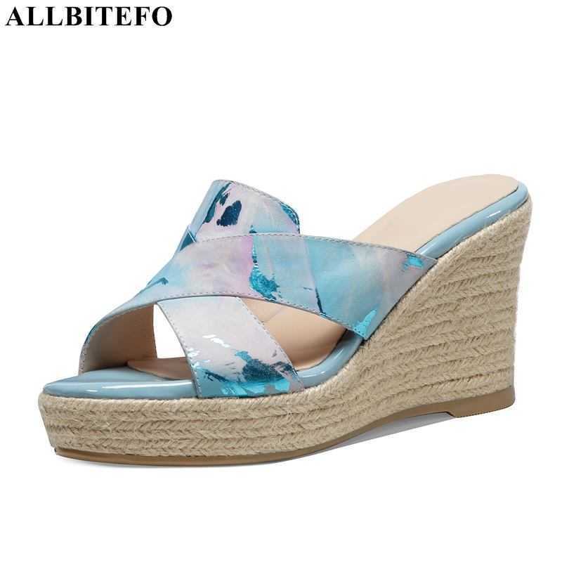 

ALLBITEFO Peep Toe Sandals Real Genuine Leather Women Slippers Wedges Heel Shoes Summer Fashion Flip Flops Women Heels Shoes 210611, As picture