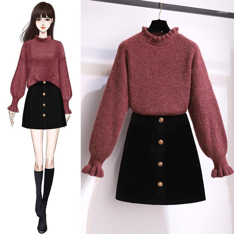 

Women' Tracksuits Real  Autumn And Winter Lazy Style Sweet Japanese Thick Knitted Pullover Sweater Black Woolen Skirt Two Piece Set Women1