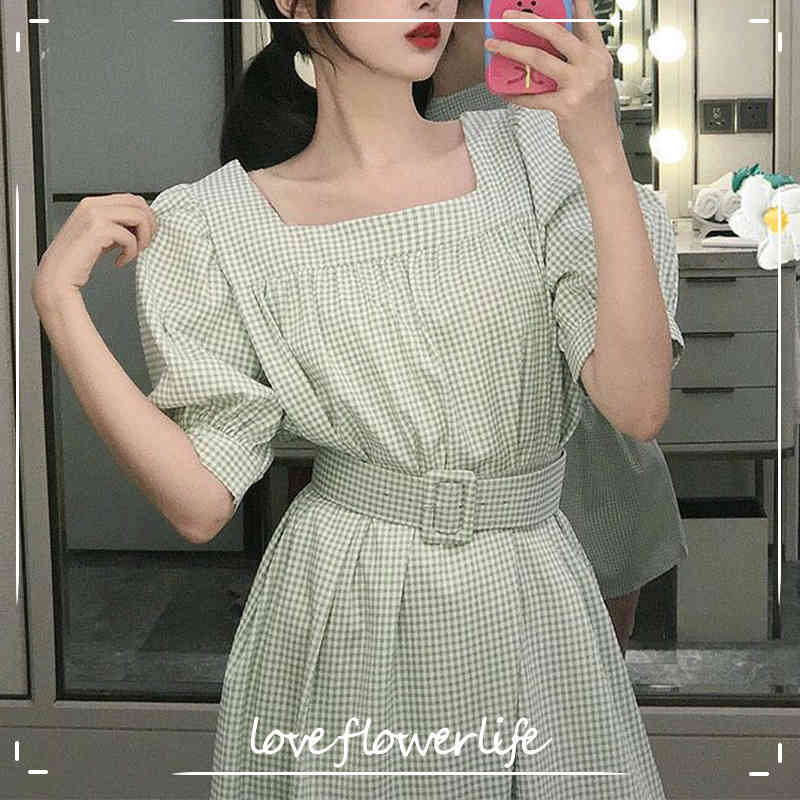 

Vintage Plaid Dress Women French Square Collar Puff Sleeve Thin Fairy Dress Female Party Dress Korean Summer Chic 210521, Green