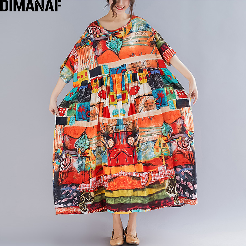 

2021dimanaf plus size women print dress summer sundress cotton female lady vestidos loose casual holiday maxi dress big size 5xl 6xl, Black;gray