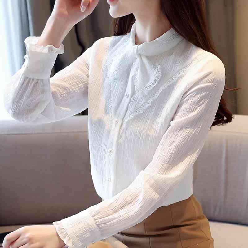 

Fashion Woman Blouses Long Sleeve Blouse Women Bow Collar Chiffon Blouse Women Shirt White Blouse Women Tops Clothes C539 210602