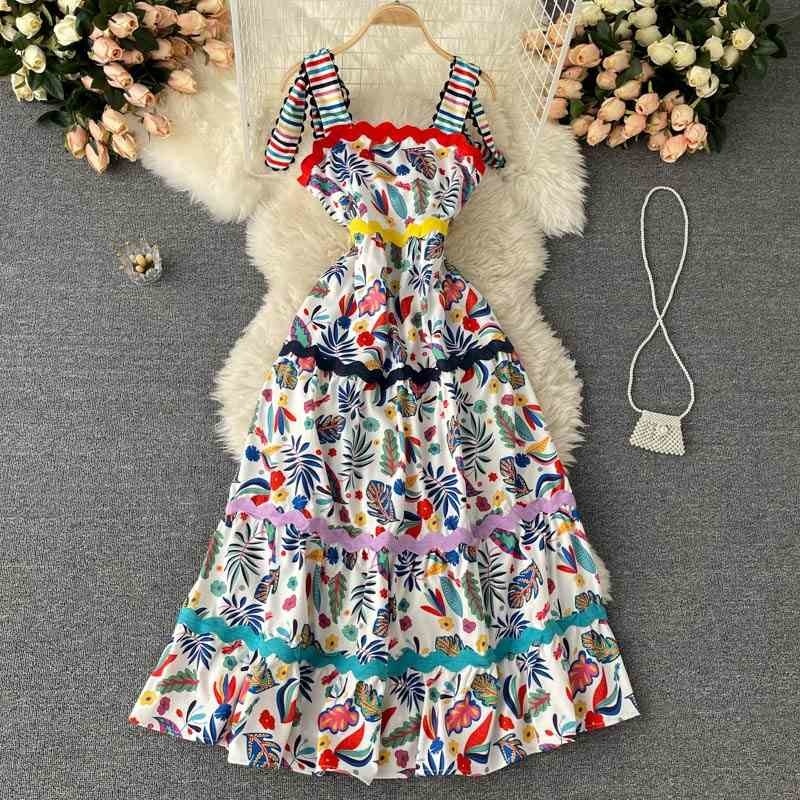 

Summer trendy design sense niche printing color matching wave pattern rainbow striped suspender holiday dress 210525, White