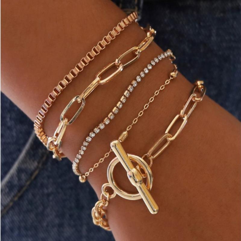 Charm Bracelets 5 Pcs Bohemian Gold Crystal Thick Chain Bracelet Women Punk Geometric OT Buckle Charming Jewelry Girl Party Gift-image-705878424