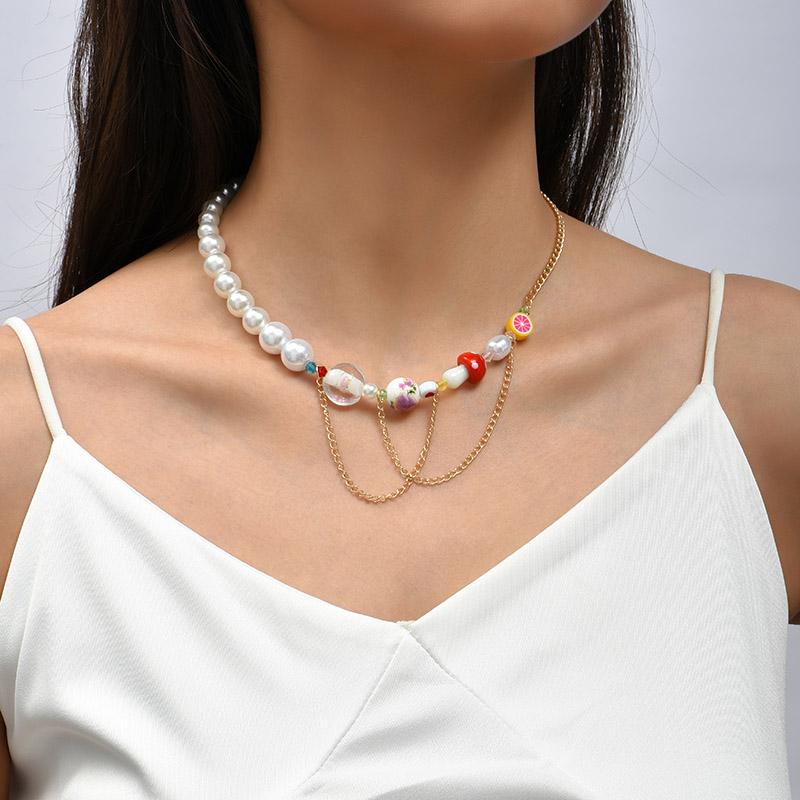 

Chokers Boho Female White Pearl Gold Color Metal Chain Necklaces For Women Trendy Glass Ceramic Printed Mushrooms Necklace Gifts