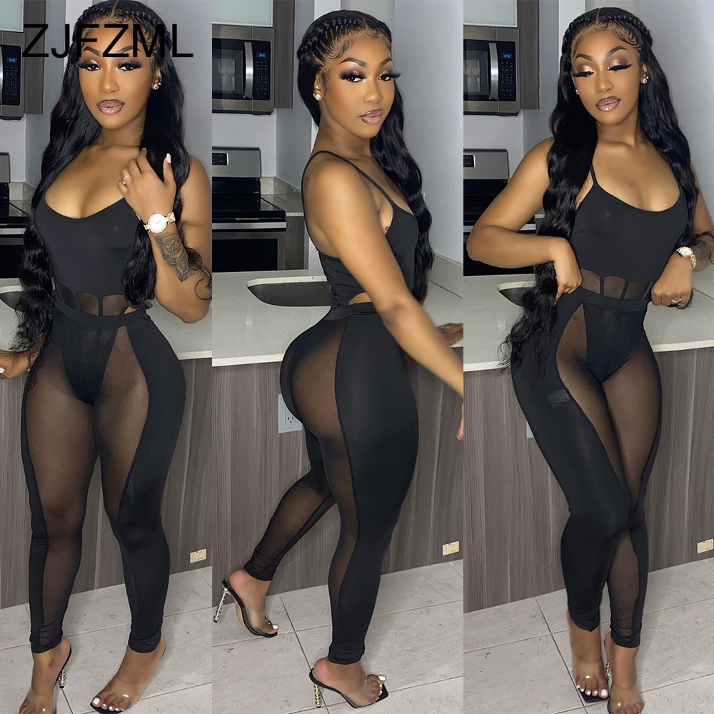 

Sexy Spaghetti Strap Mesh Sheer See Through Two Piece Pant Sets For Women Bodysuit Pants Summer Clothes Vacation Club Outfits Matching Sets, Black