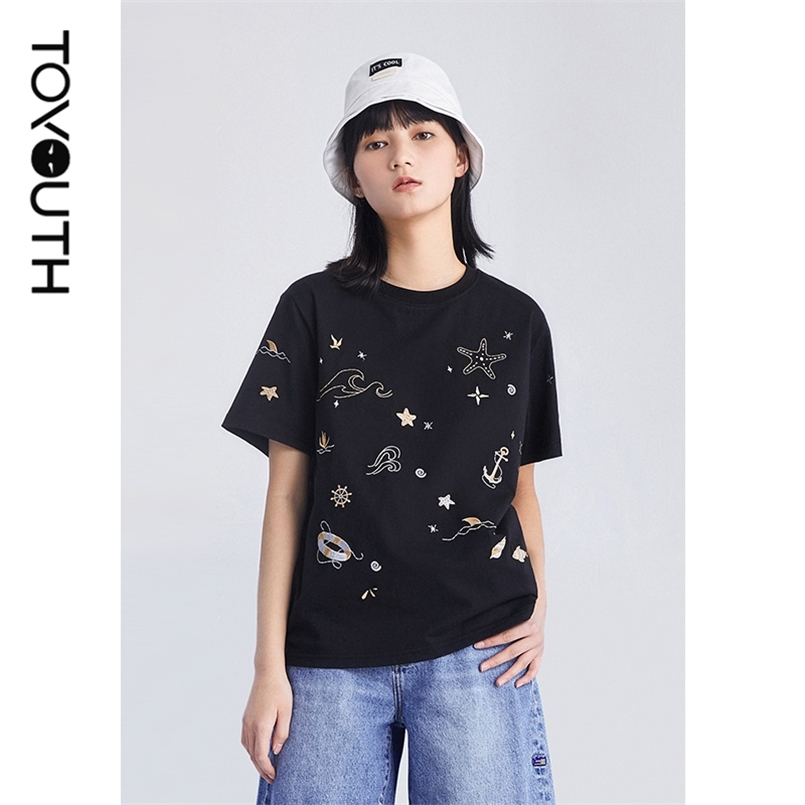 

Toyouth Women Tees Summer Short Sleeve Round Neck Loose T-shirts Sea Theme Embroidery Print Casual Tops 210708, Beige