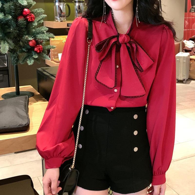 

Women's Blouses & Shirts 2021 Spring Women Stylish Bow Collar Solid Loose Blouse Long Sleeve Retro Casual High Street Tops Blusas, White