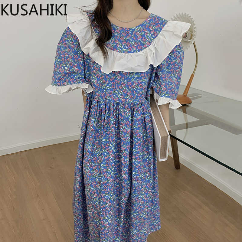 

KUSAHIKI Chic Floral Woman Dress Korean Hit Color Ruffle Patchwork Vestido Femme Summer High Waist A-line Dresses 6J517 210602, Pink
