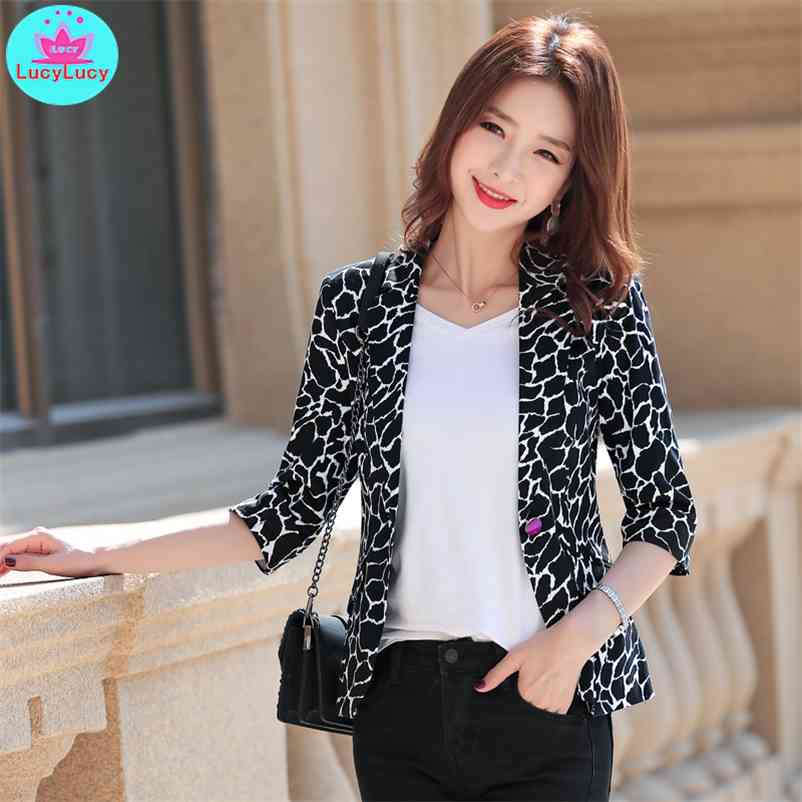 

summer slim slimming temperament casual plaid suit jacket female Single Breasted Notched Print Three Quarter 210603, White