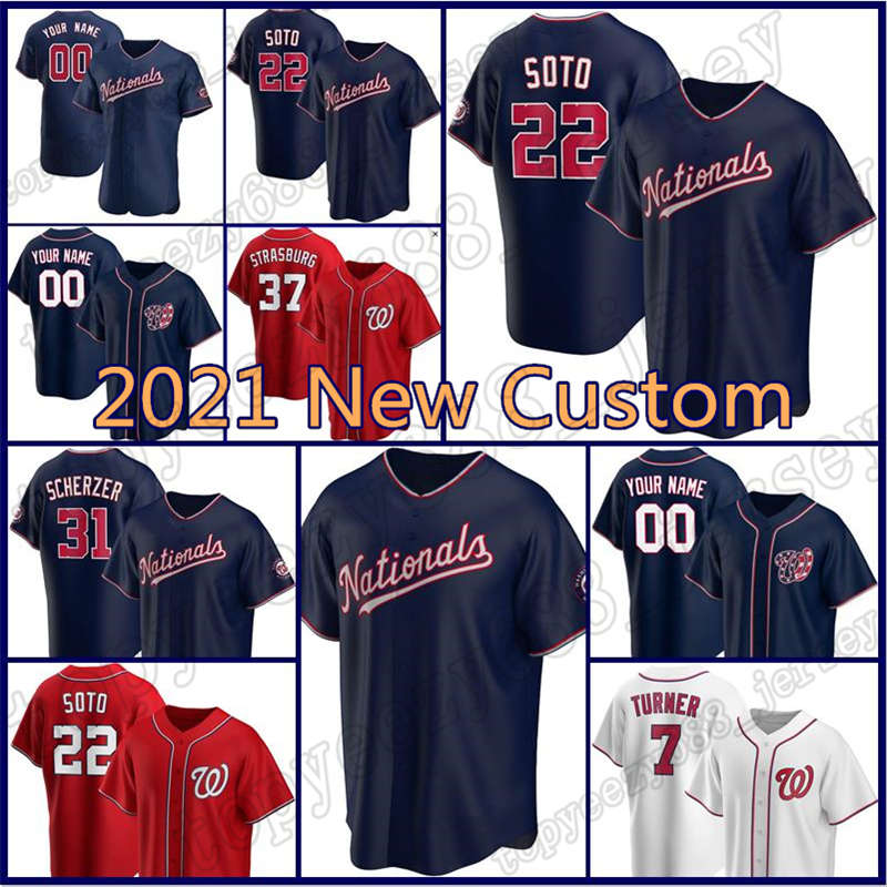 

Custom 22 Juan Soto Jersey 31 Max Scherzer Washington Baseball 37 Stephen Strasburg 7 Trea Turner Nationals Jerseys 10 Yan Gomes Mens, Blue;black