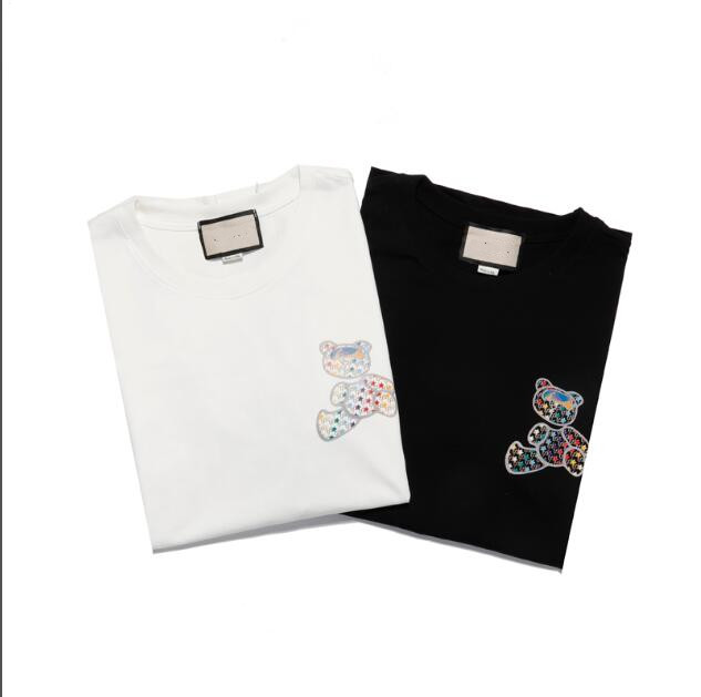 

2021 summer casual hooded cotton short-sleeved T-shirt hot diamond three-dimensional crystal bear round neck men's women's T-shirt @xvc, White