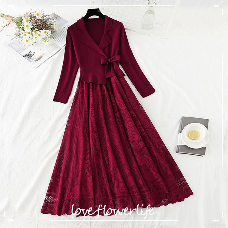 

High Quality Vintage Suit Collar Autumn Women Dress Long sleeve Office Lady Knitted patchwork Lace Dress Slim A-line Long Dress 210521, Burgundy