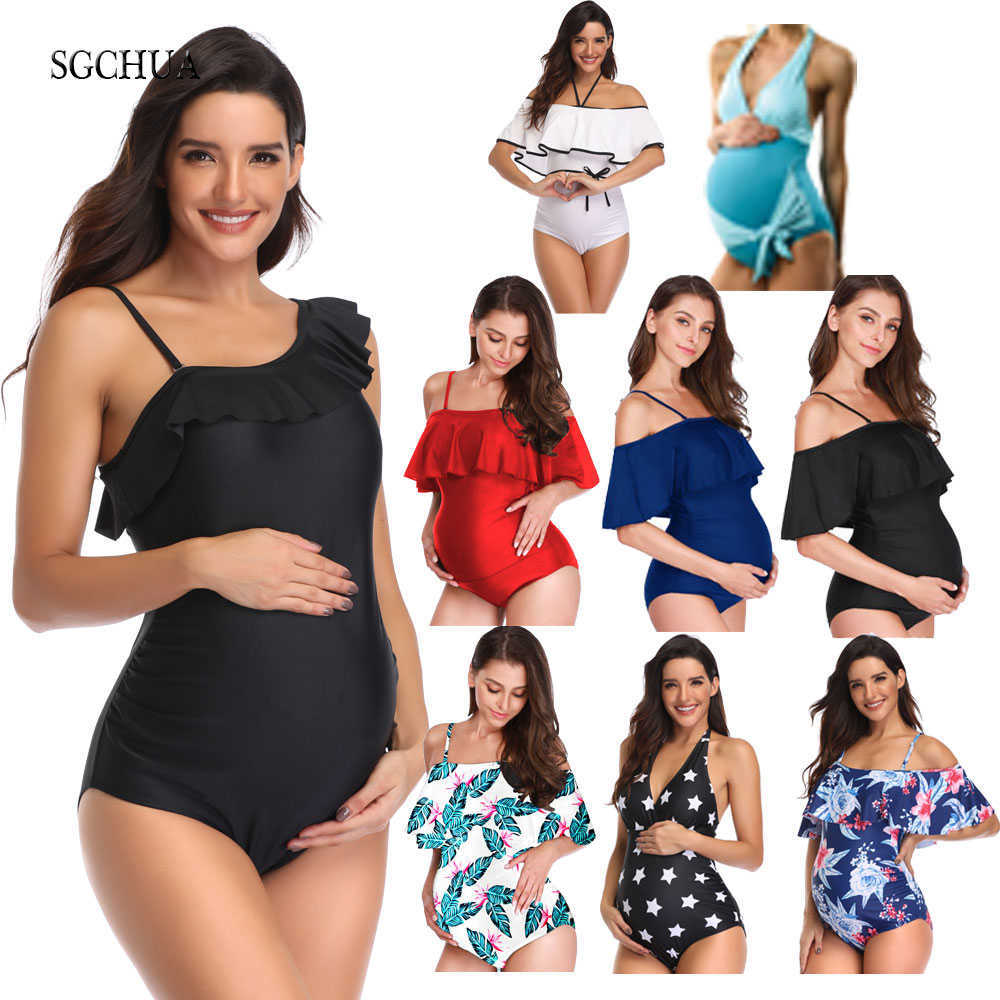

Swimsuit Sgchua Ruffle Flounced One Piece Swimsuit Pregnant Woman Plus Size 5xl Solid Red Bla Maternity Swimwear Beach Bathing Suit