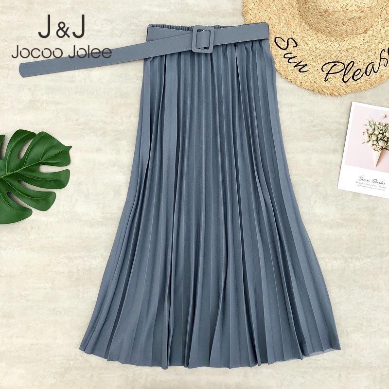 

Jocoo Jolee Summer Vintage High Waist All-match Chiffon A Line Skirts Women Elegant Solid Pleated Midi Skirt with Belt 210518