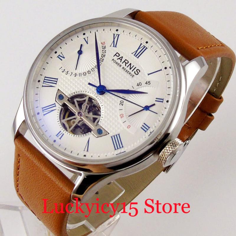 

Special Design Self Winding Men Watch Power Reserve Date Indicator Leather Band White Dial Wristwatches, White dial no.1
