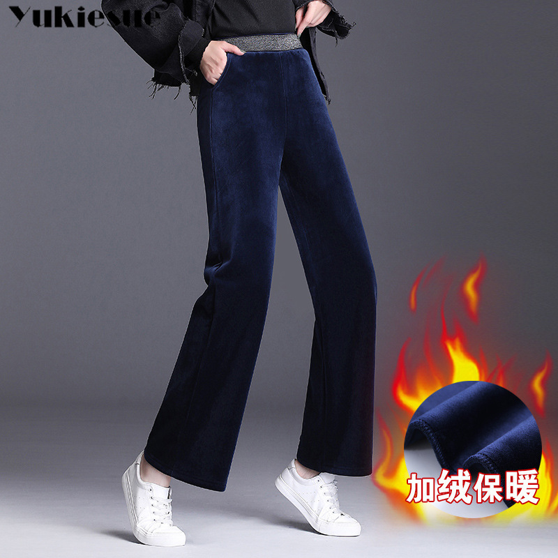

Women Winter Warm pants Velvet Thick Trousers High Waist Elastic Middle aged Mother Stretch Straight wide leg Pants Plus Size 210518, Black