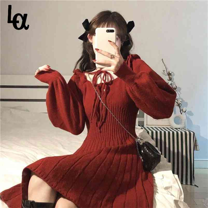 

Sweet Knitted Dress Women Winter Elegant Kawaii Mini Female Japanese Style Korean Party Christmas Clothes 210519, Red christmas dress