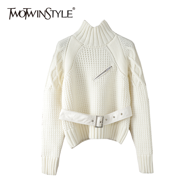 

Korean Patchwork Zipper Sweater For Women Turtleneck Long Sleeve Casual Solid Knitted Pullovers Female Fashion 210524, White