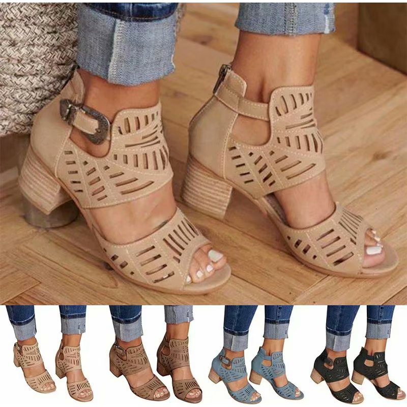 

buckle strap high heel boots gladiator fashion shoes sandalias mujer summer ladies plus size latest vxhm, Black