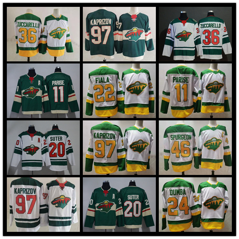 

Reverse Retro Hockey JERSEY Minnesota Wild 36 Mats Zuccarello Matt Dumba 97 Kirill Kaprizov 46 Jared Spurgeon 11 Zach Parise 20 Ryan Suter 22 Kevin Fiala Green White, As shown