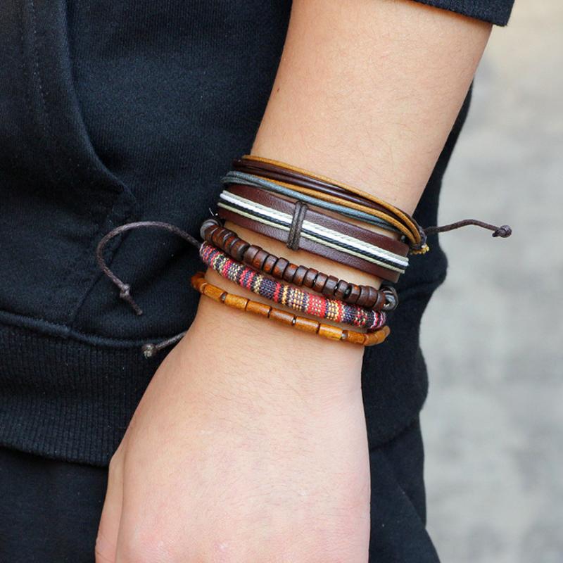 

Charm Bracelets 5Pcs Braided Wrap Leather For Men 2022 Real Cowhide Wooden Beads Combination Men's Bracelet Jewelry