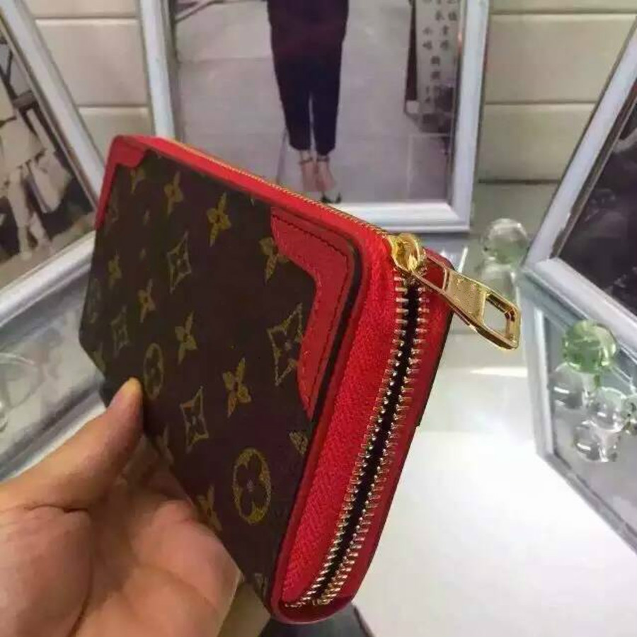 

M61188 Zipper Wallet Red WOMEN REAL LEATHER Long Wallets Chain Wallet Pouches Key Card Holders Phone Cases PURSE CLUTCHESa, Red;black