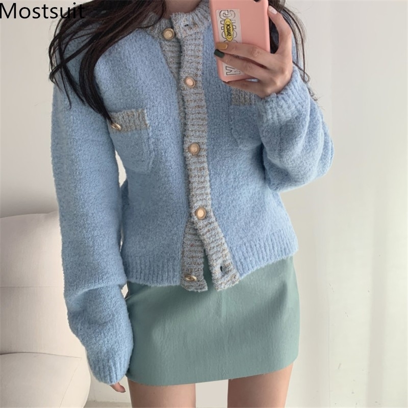 

Autumn Winter Korean Elegant Knitted Cardigans Tops Single-breasted Gold Buttons O-neck Sweater Coats Vintage Ladies Jumper 210518, Apricot